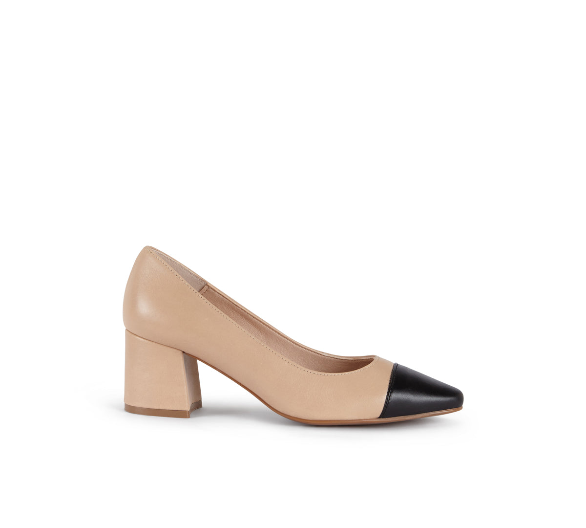 Beige High-Heel Pump with Black Cap Toe