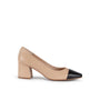Beige High-Heel Pump with Black Cap Toe