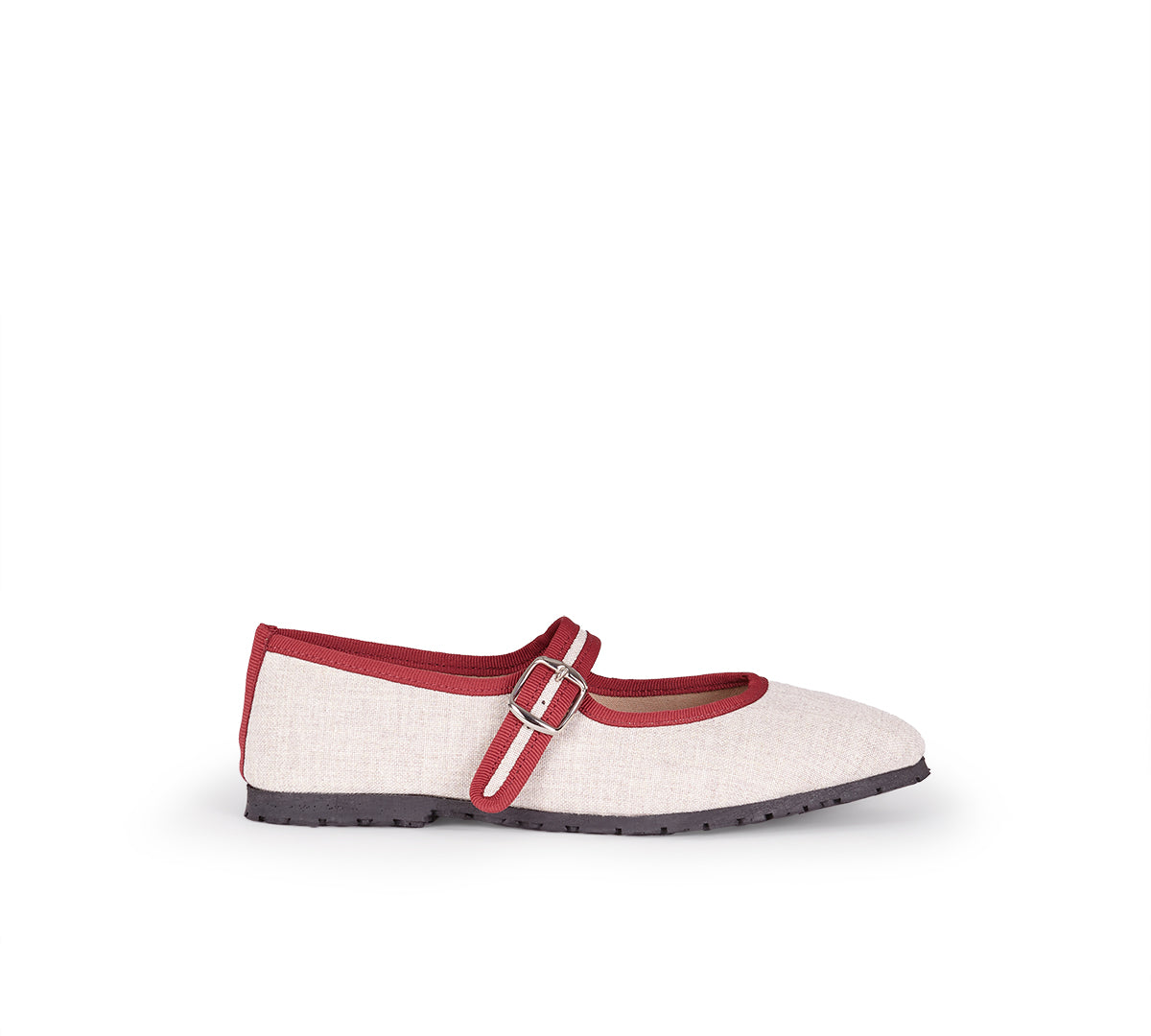 Merceditas Bérgamo Lino Beige Vivo Rojo Oscuro