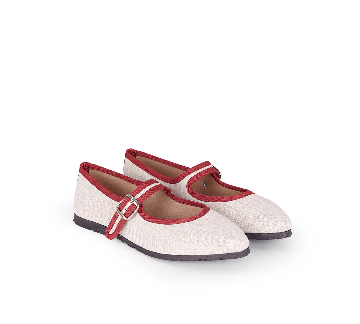 Merceditas Bérgamo Lino Beige Vivo Rojo Oscuro